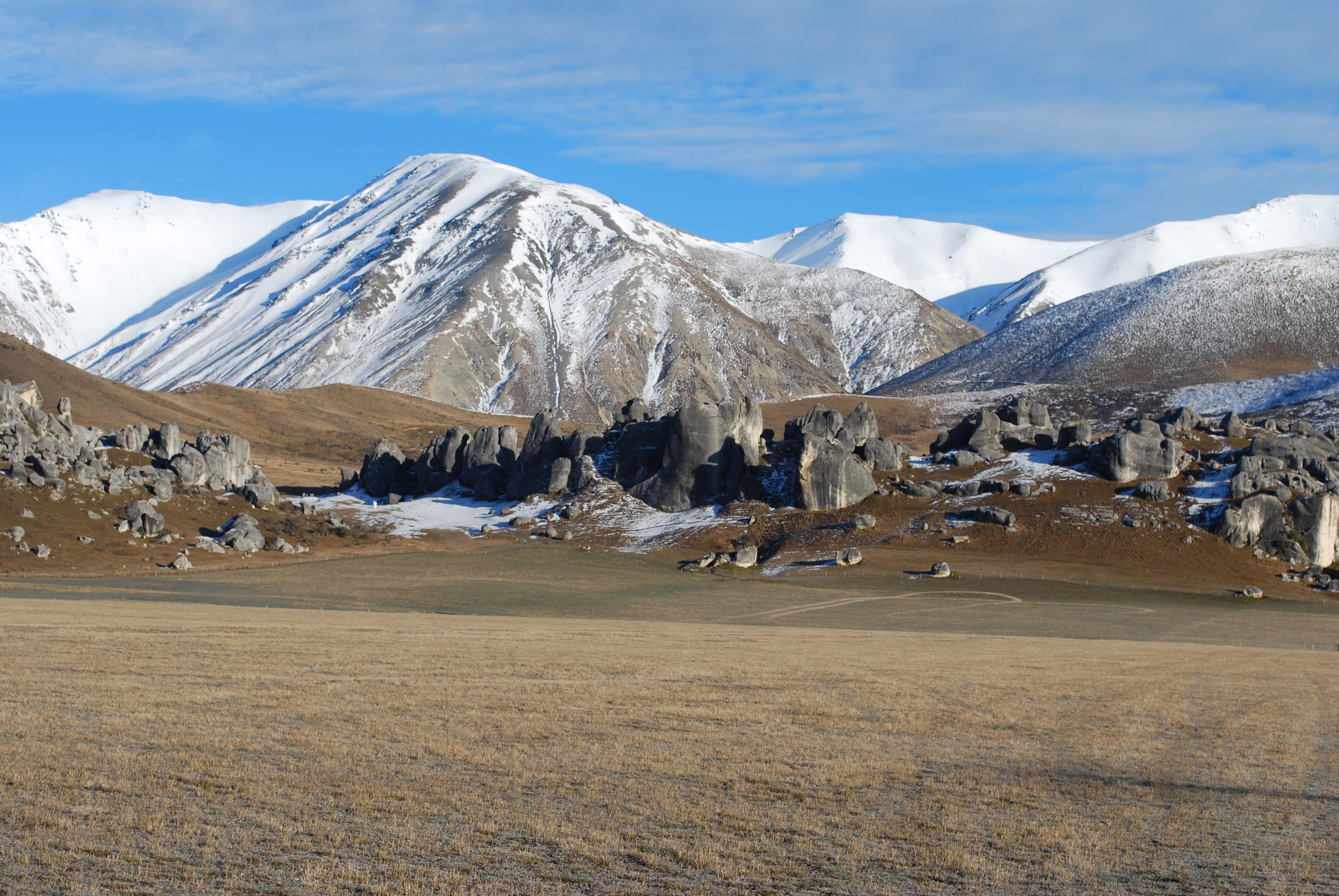 Snow on the Canterbury high country hills above the road to Arthur's Pass in winter