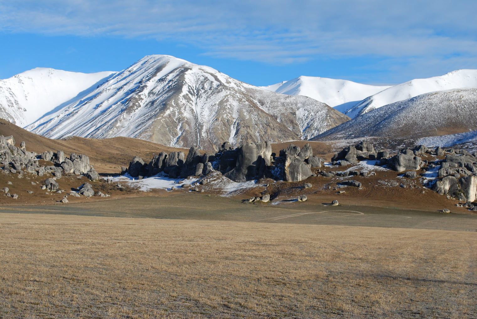 Snow on the Canterbury high country hills above the road to Arthur's Pass in winter