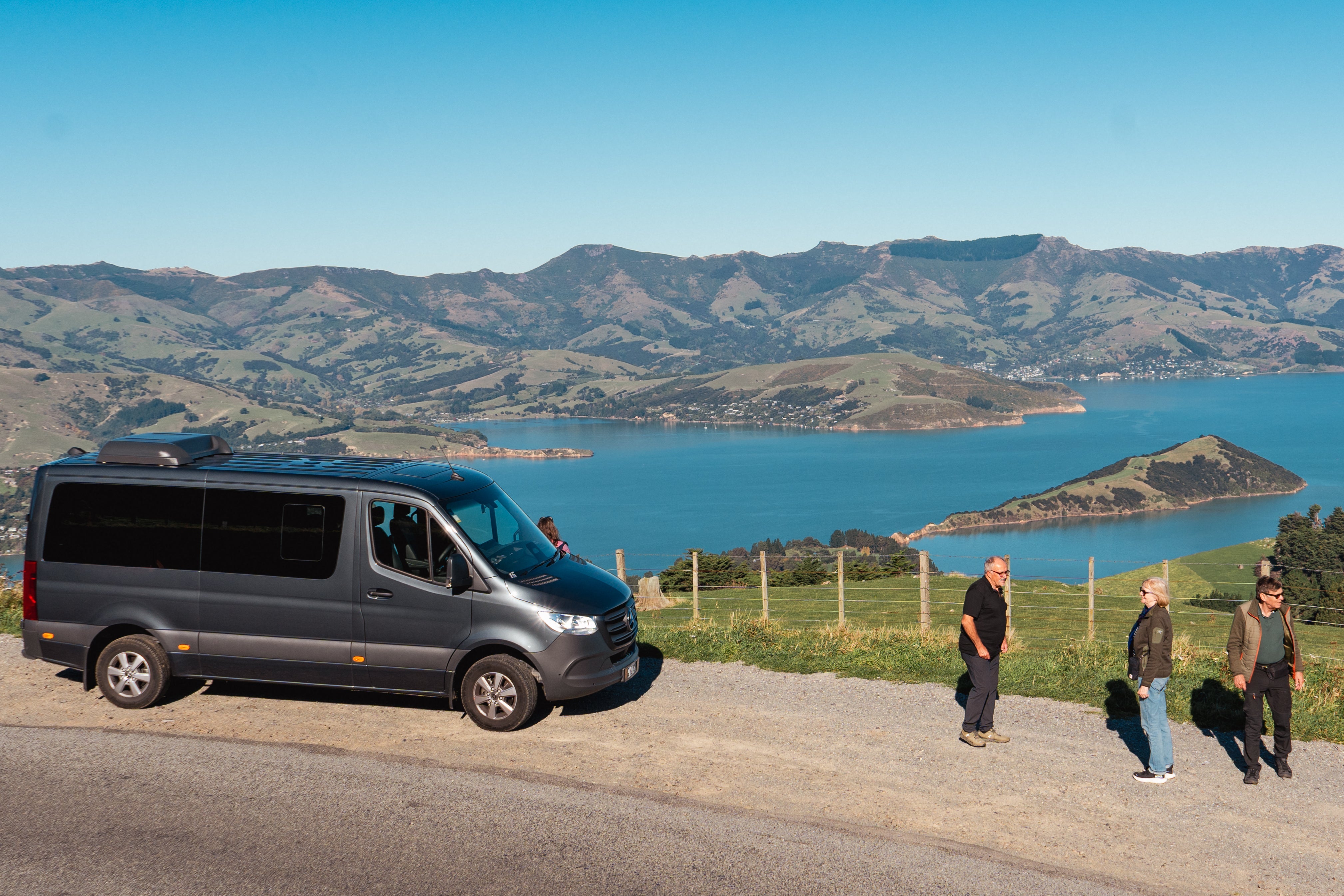 Canterbury Trails luxury Mercedes-Benz Sprinter at the Akaroa harbour lookout, Banks Peninsula