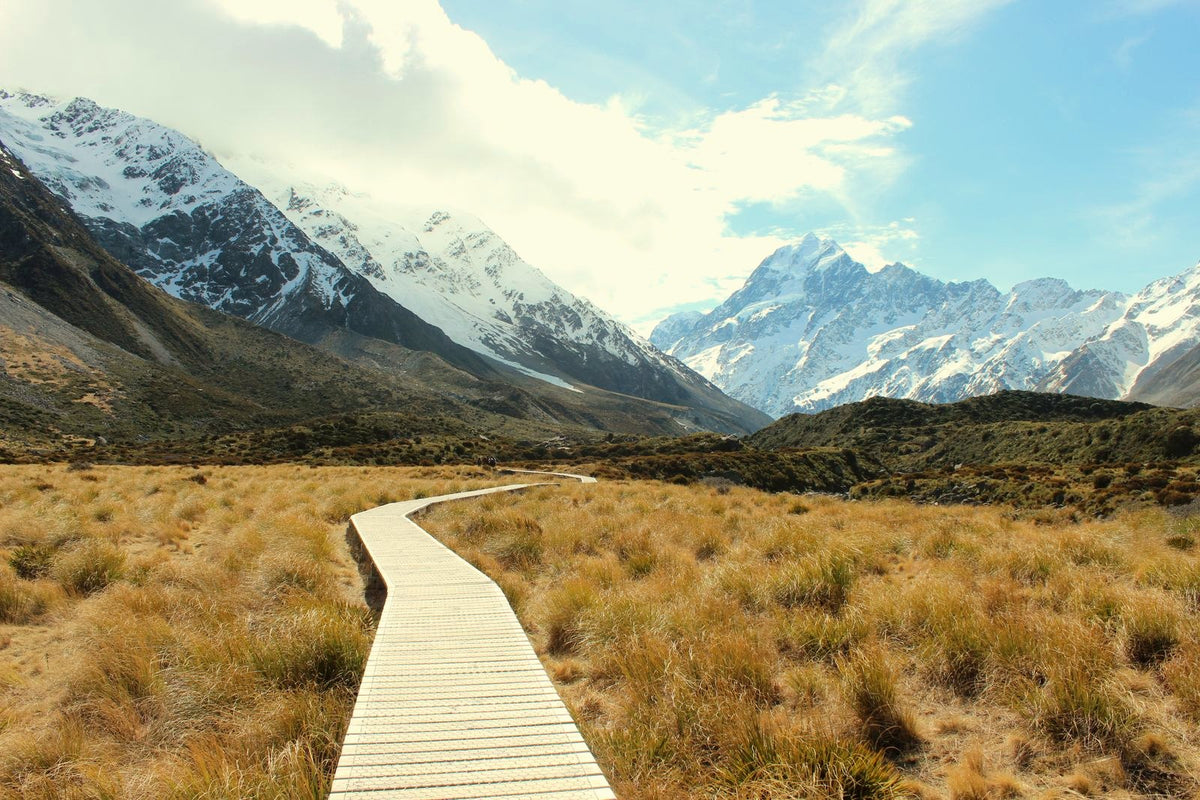 The Hooker Valley Track boardwalk leading toward Aoraki Mount Cook