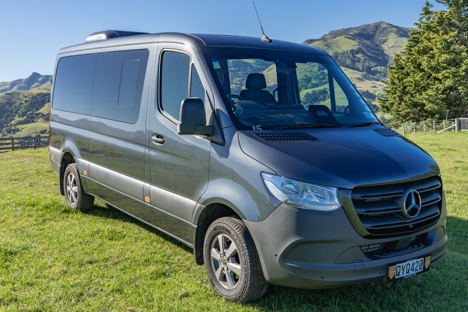 Gray Mercedes-Benz van parked on grass with mountains in the background