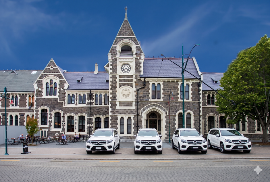 Row of white cars parked in front of a large stone building with a clock tower.