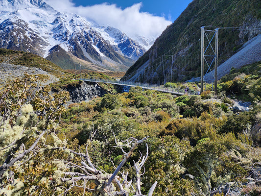 A scenic view of a landscape with mountains, a river, and a suspension bridge, with a part of the mountain covered in snow.