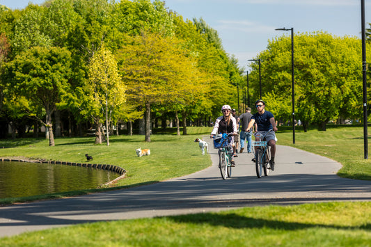 Couple cycling through Hagley park