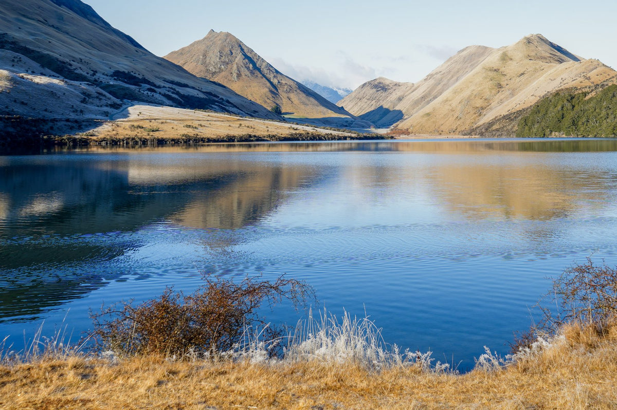 Moke Lake mirroring frosted tussock hills on a still morning