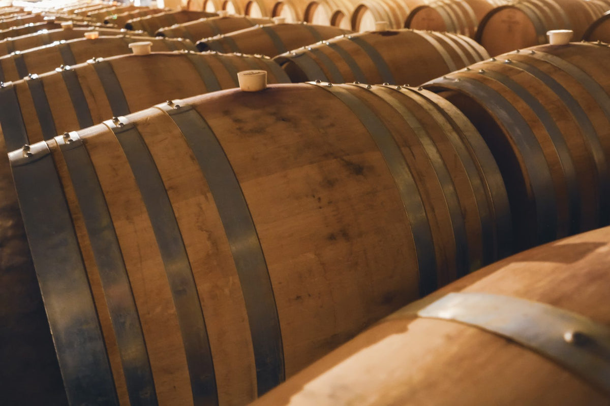 Oak wine barrels in the Chard Farm cellar