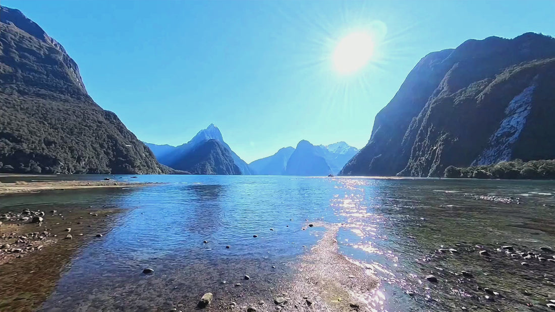 Mitre Peak across Milford Sound, filmed from the foreshore