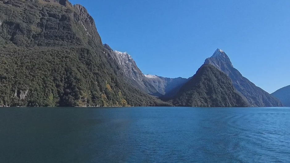 Mitre Peak rising above Milford Sound, filmed from the water